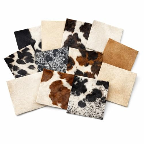 Hair On Cowhide Leather Pieces – Genuine Cowhide Leather Squares 6x6 Inches, Pack of 12 Assorted Natural Colors – Hair-On Hide for Crafts, DIY Leather Projects & Accessories
