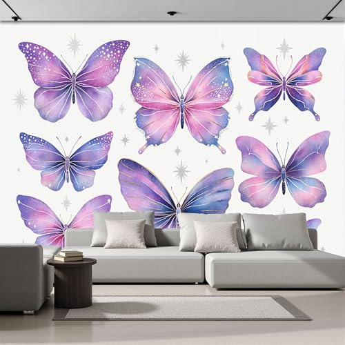 Seide Fototapete Kinderzimmer 200x140cm - Aquarell-Schmetterling - Fototapeten Tapeten für Kinder Kindertapete - Fantasietiere Wandtapete Tapete 3D Effekt - rosaviolett