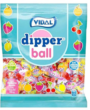 Vidal Golosinas Dipper Ball. Caramelo blando relleno de golosina líquida. Deliciosos sabores frutales: fresa, cereza, limón y naranja. Bolsa 900 gr.