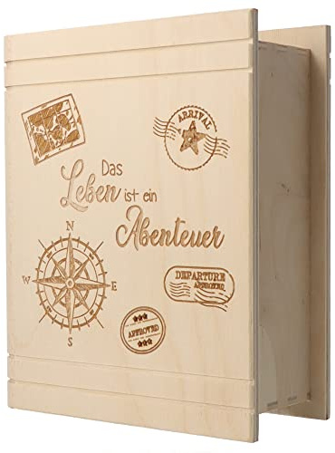 Spruchreif · Spardose Buch aus Holz mit Gravur · Geldgeschenk Sparbüchse · Geschenk Urlaubsgeld · Urlaubskasse · Reise · Schüleraustausch · Abenteuer