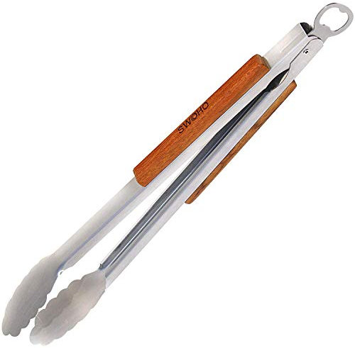 aoory Grillzange Lang Edelstahl mit Flaschenöffner mit Holzgriff Optimale Griffweite Hitzebeständigen ideale Grillzubehör