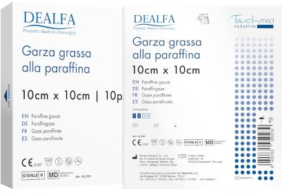 TOUCHMED Medicazione Sterile di Garza Grassa alla Paraffina - 10x10 cm - 100% Puro Cotone - Favorisce il Naturale Processo di Guarigione della Ferita - Monouso - Confezione da 10 Buste