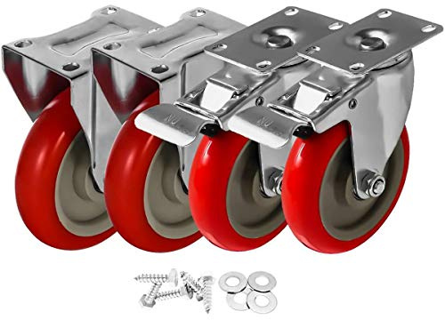4 Pack 5 Caster Wheels Swivel 360 Degree 2 with Brake Swivel and 2 Rigid Non Swivel Fixed Stationery Combo On Red Polyurethane Wheels with Hardware