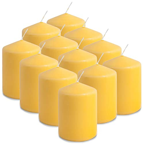 MGE - Set di 12 Candele Decorative Cilindriche - Cera Antigoccia - Candele Profumate - Candela gigante Cera - Candele che Non Colano - Cera Antigoccia - Giallo - Candele Cilindriche a Colonna