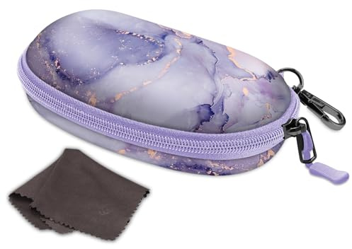 Fintie Glasögonfodral solglasögon – solglasögon etui hårt fodral med karbinhake dragkedja – stora glasögon etui för kvinnor män utomhus sportglasögon cykelglasögon, Lila marmor, one size
