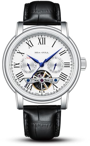 SEA-GULL 2021 Fiskmås herrklocka ihålig automatisk mekanisk klocka kalender potentiell multifunktion svänghjul affärsklockor, Vit-d819.624, armband