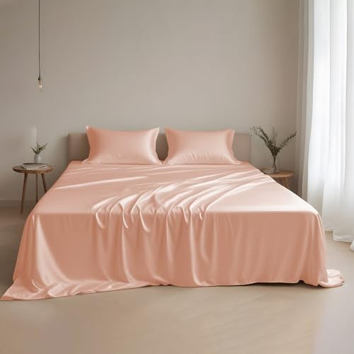 LINENWALAS Parure de lit 4 pièces 100 % soie Lyocell Tencel pour lit double, poche profonde, parure de lit douce et rafraîchissante en eucalyptus (Peach Fuzz, double)