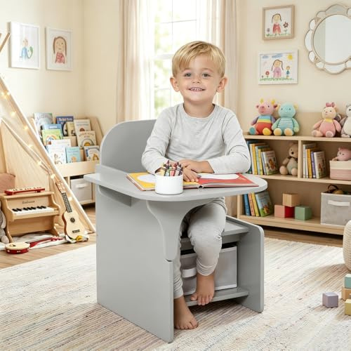 Rainbow Tree Kids Table and Chairs with Storage Bin Wooden Toddler Table and Chairs Sets 2 in 1 Children Chair Desk with Small Table for Study Activity Indoor or Outdoor Use (Grey)