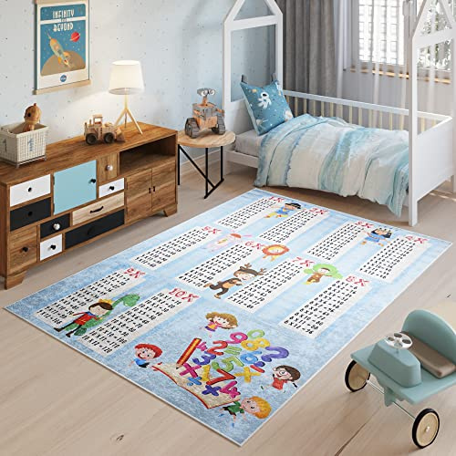 TAPISO Emma Kinderteppich Bunt Einmaleins Antirutsch 80 x 150 cm | Waschbar bei 30 Grad bedruckter Kinderteppich Kinderzimmer Jugendzimmer Modern OEKO-TEX