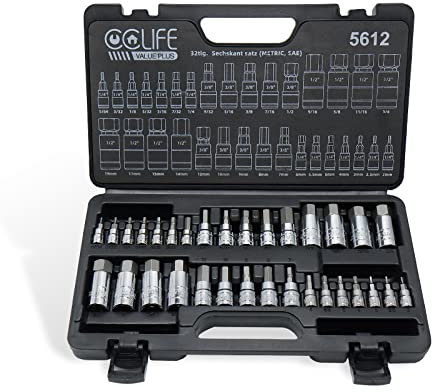 CCLIFE 32pcs Juego de Llaves de Vaso SAE y Métrico, Hexagonales S2, para Llaves Dinamométricas y Taladros