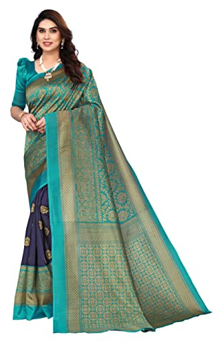 Yashika Venkatagiri Sari imprimé en soie avec chemisier (Sdpl-Metro Navy Rama_Free Size)
