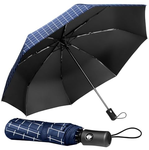 TechRise - Ombrello compatto e resistente, antivento, automatico, pieghevole, leggero, portatile, da viaggio, antipioggia, da golf, con un pulsante di apertura e chiusura automatica, Plaid blu, L