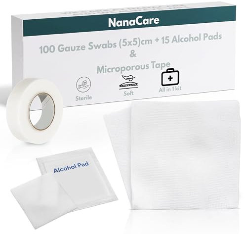 Nanacare Premium Sterile Gauze Pads (5x5cm) x100 with 15 Alcohol Wipes & 1 Roll Micropore Tape - Medical Gauze Swabs for Wound Cleaning |Antiseptic Wipes| First Aid Care | Medical Tape