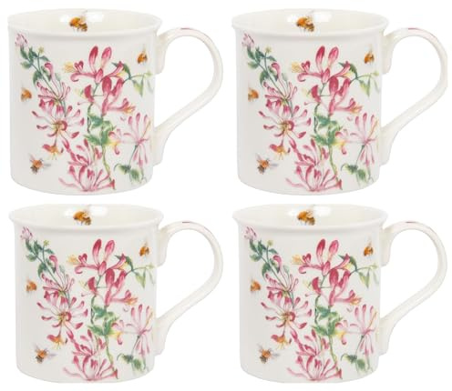 Honeysuckle Flower Fine China Mugs Set of 4, Bee & Floral Design | Set of 4 fine china mugs with colourful honeysuckle flowers and bee design; microwave and dishwasher safe.