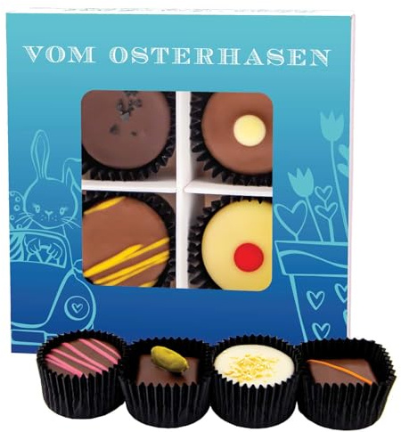 Hallingers Genuss Manufaktur Pralinen Oster-Geschenk - ohne Alkohol, handmade aus Confiserie-Edelkakao in wertiger Geschenkbox Vom Osterhasen, Ostern Körbchen für Frauen Männer