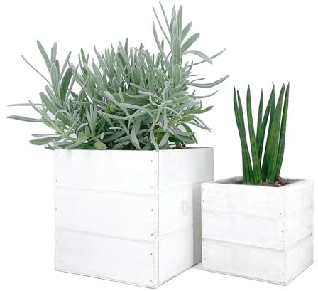 Vimin Box Cassette, Fioriere in Legno, Bianco, per Fiori, Piante, Bonsai, Erbe Aromatiche, Decorazione Casa, Giardino, Balcone, Terrazzo. (14x14 + 10x10)