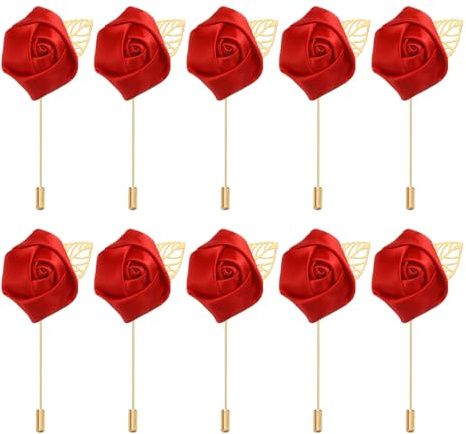 PATIKIL Rosenanstecker, 10er Pack Bräutigam Hochzeitsanstecker Tasche Handgemachte Blumen Reversnadel Anstecker für Männer Hochzeit Zeremonie Party Prom, Rot