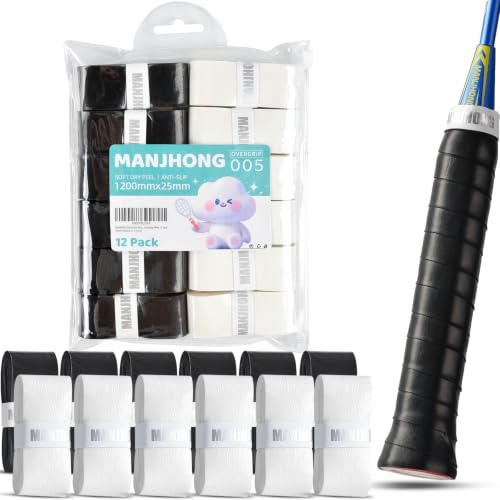MANJHONG 6/12 Stück Griffband Tennisschläger Badmintonschläger Overgrip Griffbänder für Padel, Squashschläger - Weich & Anti-Rutsch, 6 Schwarz+6 Weiß