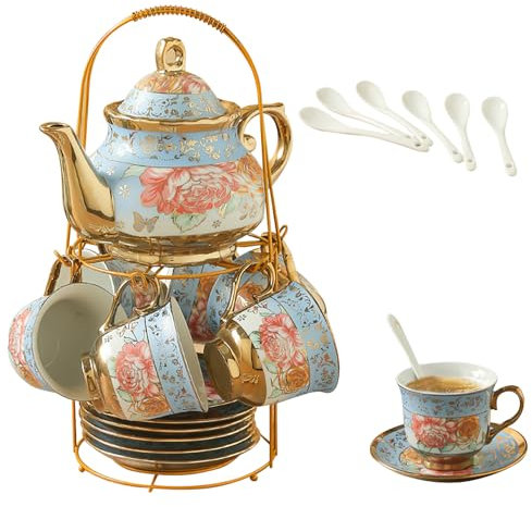 Servizio da tè in porcellana con fiori blu, set da tè in ceramica, vintage, con supporto in metallo, 160 ml, tazza da caffè e teiera, 700 ml, servizio da caffè europeo per adulti per feste