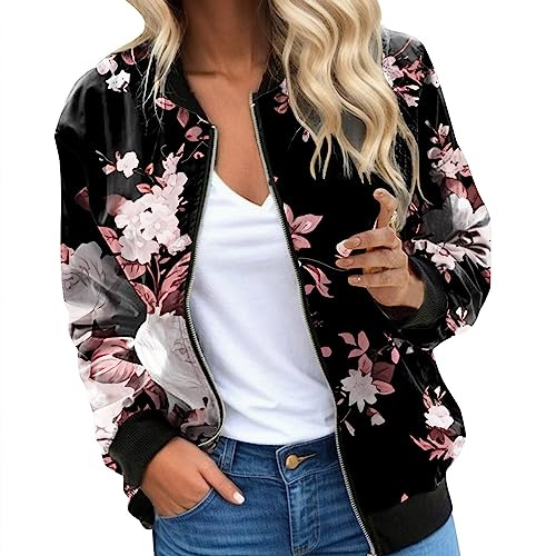 Generisch Chaqueta bomber para mujer, chaqueta universitaria, multicolor, estampada, ligera, chaqueta de primavera, chaqueta de piloto, chaqueta funcional para correr, chaqueta de entretiempo, 01 Rosa