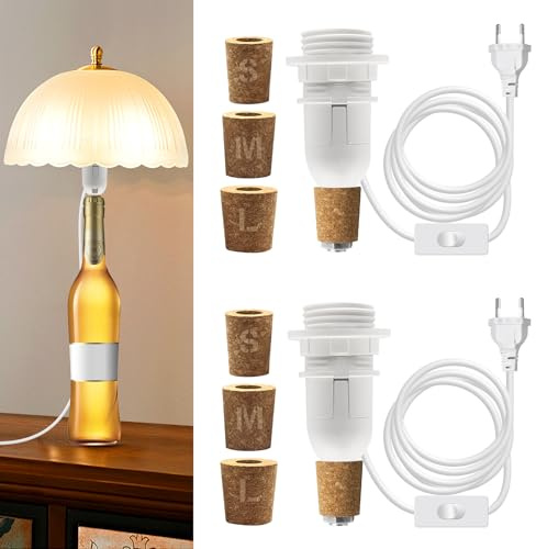 2 Pezzi E14 Portalampada per Bottiglia, 240CM Cavo Porta Lampada con Interruttore, Bianco Lampada per Bottiglia con 3 Tappi di Sughero, DIY Lampada da Tavolo Kit per Bottiglie di Diversi Calibri