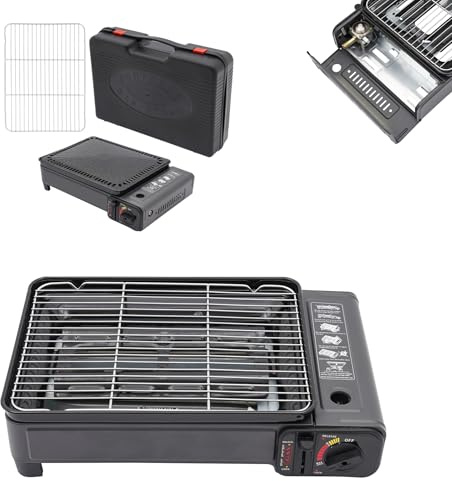 2-in-1 Campingkocher Gasgrill - Tragbarer 3kW Multifunktionsgrill mit Piezo-Zündung & Sicherheitsventil, Inkl. Grillset + Alu-Koffer (3,2kg) für Outdoor/Camping/Balkon, (41.5 * 28 * 11cm)