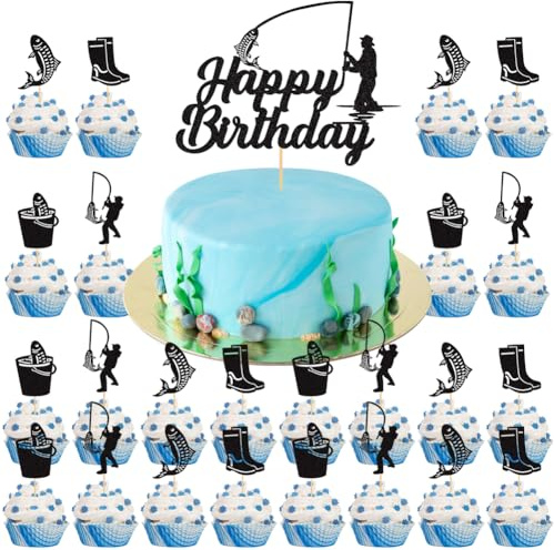 Fishing Cake Decorations Set, Fishing Theme Party Supplies Include Fish Happy Birthday Cake Cupcake Toppers for Boys Kids Men Fisherman Fishing Theme Party Supplies