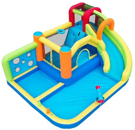 Castillo hinchable grande con tobogán de agua, trampolín, pared de escalada, canasta de baloncesto, juego de lanzamiento, pared de punto de lanzamiento, piscina de agua, pistolas de agua, incluye