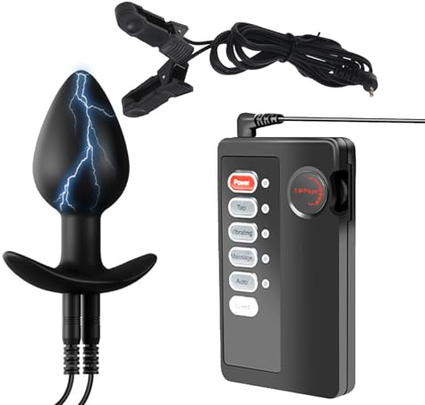 AMAZBEE Elektrisch stimulierter Silikon Anal Plug mit Nippel Clips Wearable Anal Dilator mit T-Base Prostate Massager Sex Toys für Männer und Frauen (B)