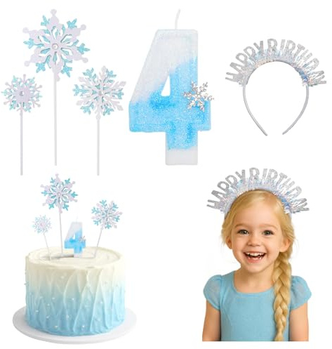 Geburtstagskerzen Zahlen 4, Glitzernde Zahlenkerze 4 mit Schneeflocken-Deko Geburtstagskerzen Kinder 3D Blue White mit Schneeflocke Geburtstagskerzen Kuchen Topper Dekoration Geburtstagskerze 4