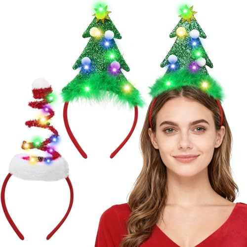 2 Stück Weihnachts Kopfschmuck, Weihnachten Stirnbänder, Weihnachtsbaum Haarreif, Leuchtende Haarreif, LED Weihnachtsmütze Kopfbedeckung mit Glöckchen, Weihnachtsstirnband für Festivals und Party