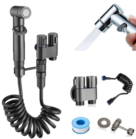 Wall Mounted Bidet Spray Set Toilet Faucet Sprayer Kit with Handheld Control Dual Control Valve Bathroom Freshness Solution (Gray)