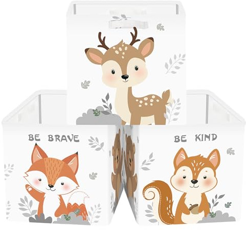 Clastyle 3 Stück Waldtier Aufbewahrungsbox Stoff für Kallax Faltbar Aufbewahrungskorb Klein Schrank Organizer Kleiderschrank für Regal,Fuchs Hirsch,30x30x30 cm