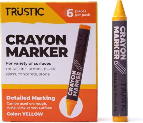 Universal Crayon Wax Marker for Industrial and Craft Detailed Marking on Lumber Metal Carton Ceramics Concrete Glass Plastic Tire, 4 x 1/2, Pack of 6 (Yellow)