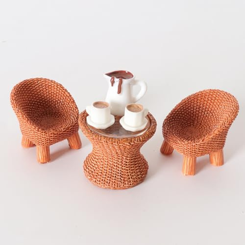 KARLOR Minatur Tisch Stühle Kaffee Set, 6 Pcs Mini Möbel Set künstlich Bambus Rattan Stuhl Tisch Kaffeekanne 2 Tassen Kaffee Balkon Couchtisch Micor-Landschaft Szene Dekoration Wichtel Garten Deko