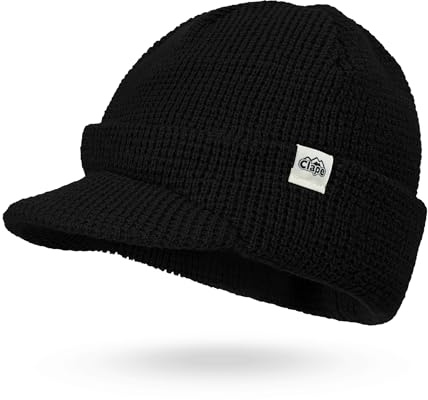 CLAPE Ullbeanie, mössa med skärm, varm, vintermössa, män, stickad mössa, dam, akrylstickad mössa, elastisk, kort brätte hatt, CLKH03-svart, one size