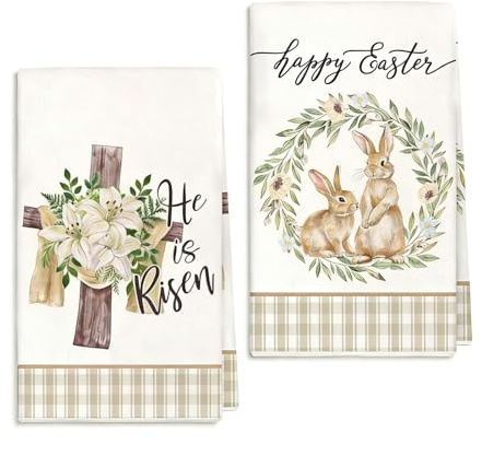 Kaiperala 2pcs Easter Tea Towels for Kitchen, Happy Easter Kitchen Towels Rabbit Flower Garland Wreath Print Hand Towel Absorbent Microfiber Dish Cloths Spring Party Supplies (Beige, 60x40cm)