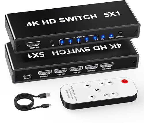 HDMI Switcher 5 in 1 Out - 8K@60Hz 4K@120Hz/60Hz/30Hz/2K/1080P 5 Port HDMI 2.1 Switch Box with Remote Support HDCP2.3/HDR10, for PS5/4 Xbox Switch Roku Apple TV Fire Stick 8K HDMI2.1 Splitter