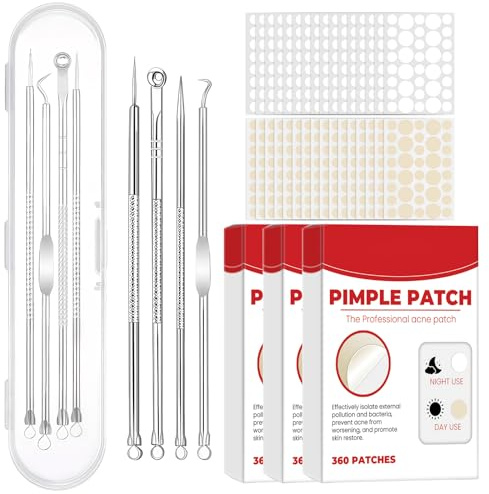 1080 Stück Pimple Patches und 4-Teiliger Mitesserentferner Komedonenquetscher Set, Edelstahl Blackhead Remover Tool, Pickel Ausdrücken Werkzeug, Pickelpatches Gesicht für Nase und Gesicht