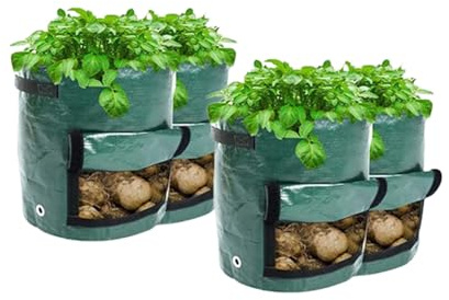 Treer Kartoffel Pflanzsack 4 Stück 5/7/10 Gallonen Kartoffel Pflanzsack, Pflanztaschen mit Sichtbarer Klappe und Griffen, Pflanztopf für Gemüse, Kartoffeln, Tomaten, Erdbeeren (Dunkelgrün,35x45cm)