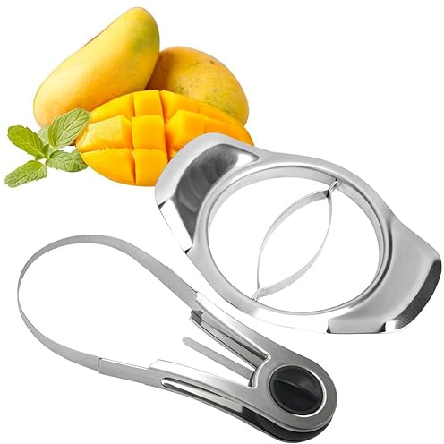 Set of 2 Mangoschneider mit Fruchthalter, Spalter Edelstahl, Passt für Alle Gängigen Mangos, Exotische Früchte, Entkernerklingen 2 Klinge