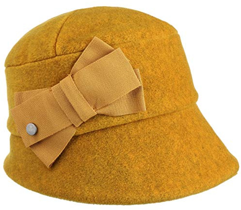 LIERYS Fleece Damenglocke Elegante Form Hut mit Schleife Warm gemütlich Damen Herbst Winter senf One Size