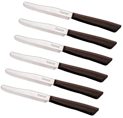 Tredoni 6 Coltelli da Cucina - 11cm Acciaio Inossidabile Italiano Coltello Posate da Verdure/Bistecca/Tavola Seghettato, Punta Arrotondata (Marrone)