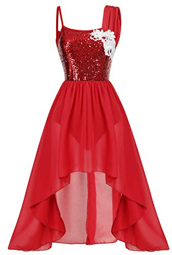 IMEKIS Women Lyrical Dance Dress Sleeveless Sequin Gymnastics Leotard High-Low Skirt Contemporary Modern Ballet Dancewear Chiffon Ballroom Dancing Costume Red S