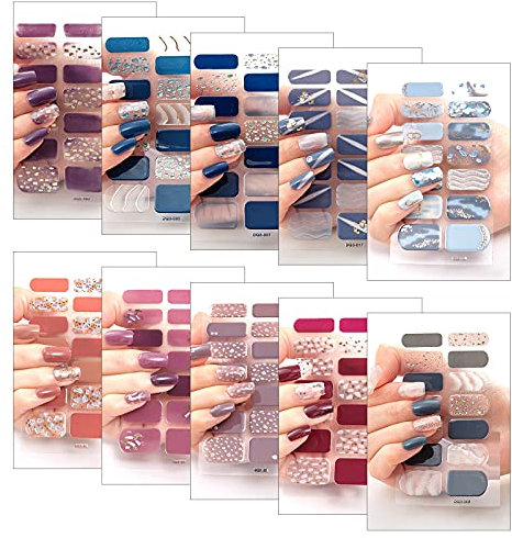 Zasjon adesivo smalto per unghie, 140 pezzi 10 fogli adesivi unghie glitter nail art decalcomanie per adesivi copertura completa per ragazze donne disegni