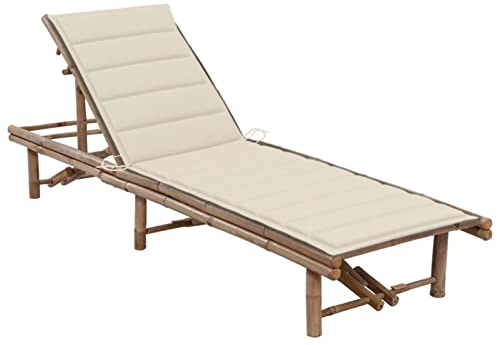 Gecheer Garten-Sonnenliege mit Cremeweiß Auflage Rückenlehne ist in 3 Stufen verstellbar Sonnenliege Holzliege Liegestuhl Relaxliege Saunaliege Freizeitliege Strandliege Gartenmöbel Bambus