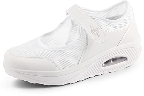 STUNAHOME Ortopediska luftkuddeskor för kvinnor, vardagliga nät, bekväma arbetsskor, sjuksköterskor, lätta platåskor, Mary Jane sneakers, andningsbara promenad- och löparsneakers, Vitt, 42 EU