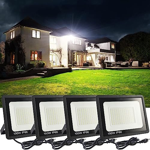 MUCLUD 4Pack LED Flood Light Outdoor,100W LED Work Light 11000lmwith 6FT US Plug,IP66 Waterproof Exterior Security Lights,6000K Daylight White Outside Floodlights Slim Design for Playground Yard
