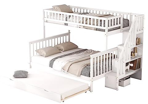 Litera triple 140x200 cm, cama infantil con escalera y cama nido, 3 somieres, barandilla estable y estructura de madera de pino, para adolescentes y adultos, cama superior desplazable, color blanco