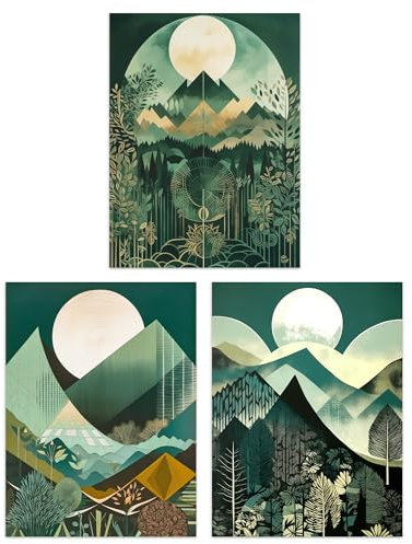 Artery8 Set of 3 A4 Geometric Forest Mountain Landscape Boho Art Deco Tan Teal Green Full Moon Sunrise Artworks Unframed Wall Art Living Room Poster Prints Pack